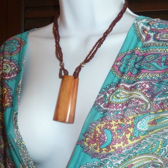 Boho Brown Bead Necklace, Real Bone Horn Rectangular Pendant, Button Closure 18" - Picture 4 of 10